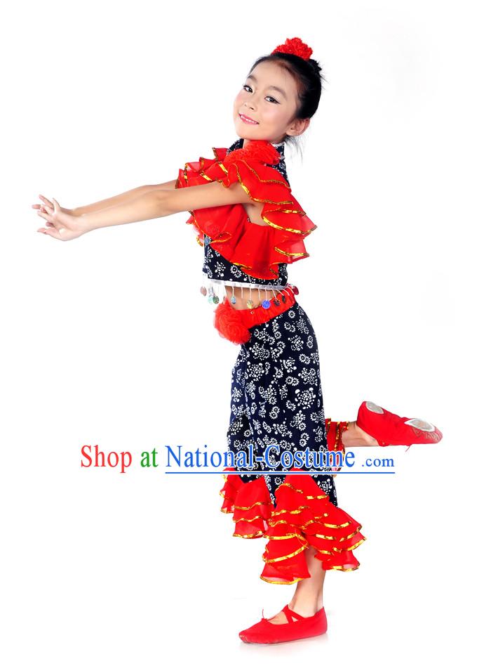 Folk Dance Costumes and Red Flower Hair Decorations for Kids