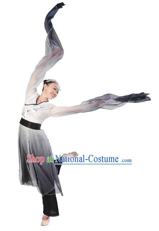 Water Sleeves Color Transition Hanfu Costume and Headpieces Complete Set for Women.