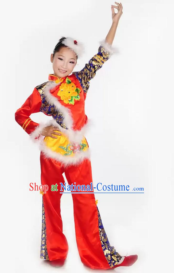 Chinese Lunar New Year Dance Costumes and Headpieces Complete Set for Kids