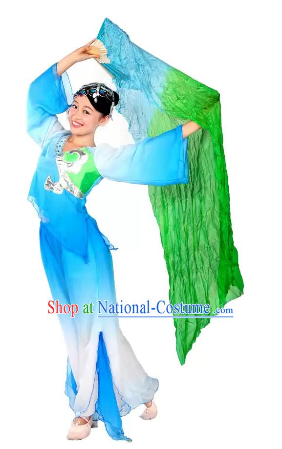 Color Transition Green Blue Silk Dance Fan