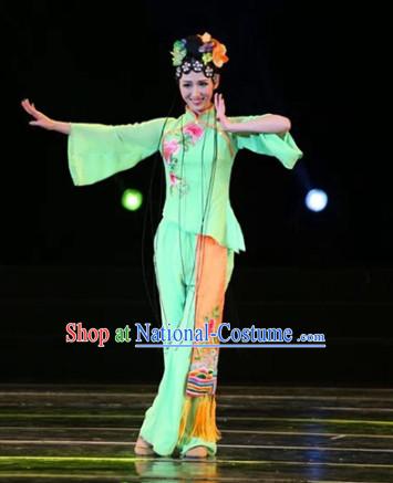 Top Chinese Fan Dancing Costume and Hair Decorations Complete Set