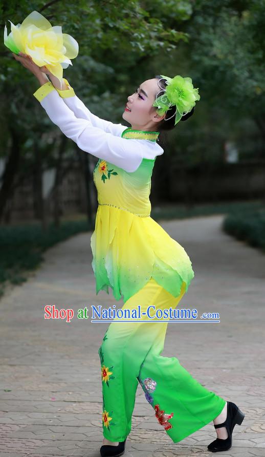 Chinese Made to Order Folk Green Dance Costume and Headpieces Complete Set for Women