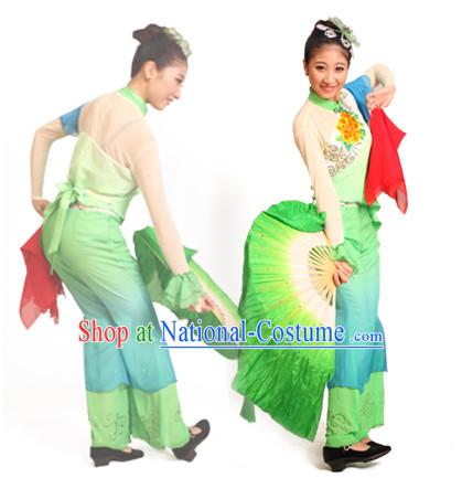 Chinese Teenagers Folk Fan Dance Costume and Headpieces for Competition