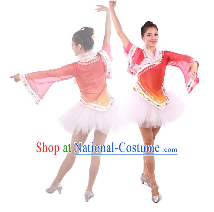 Chinese Teenagers Folk Fan Dance Costume and Headpiece for Competition