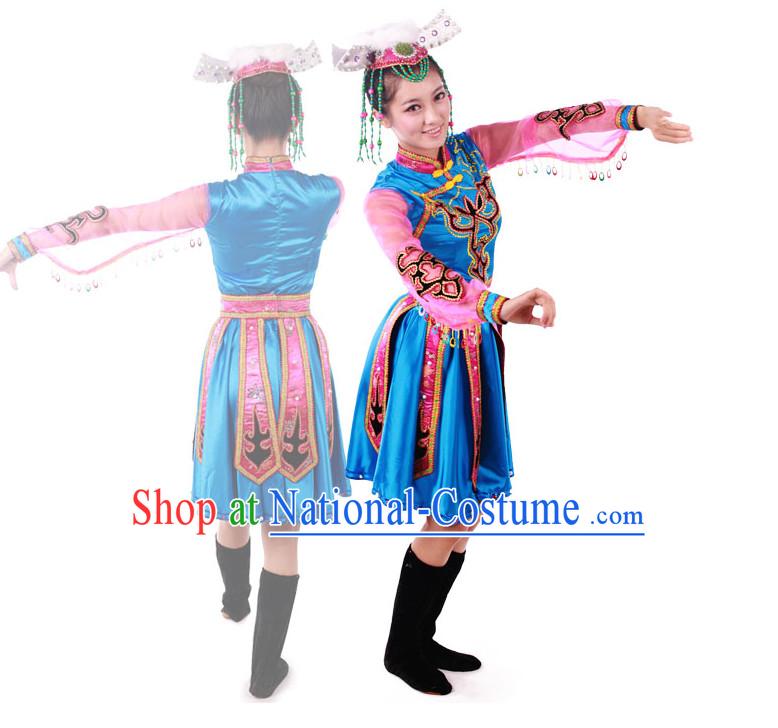 Chinese Teenagers Folk Ethnic Dance Costume and Headpiece for Competition