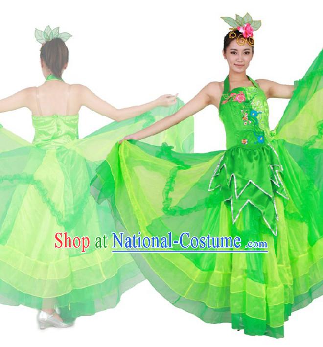 Chinese Teenagers Green Dance Costumes for Competition