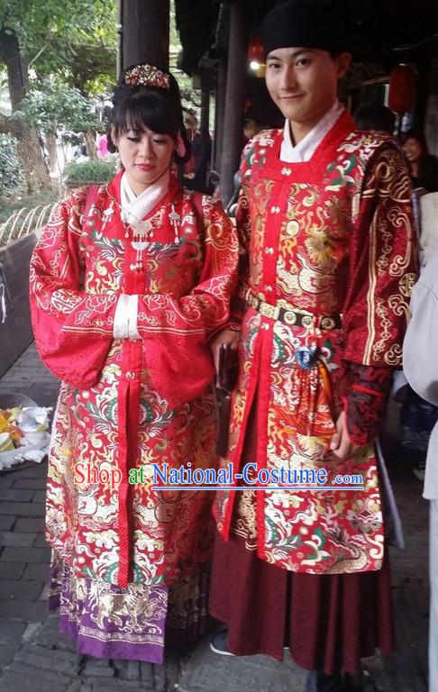 Ancient Chinese Ming Dynasty Wedding Dresses Clothes and Headwear Complete Set for Men and Women