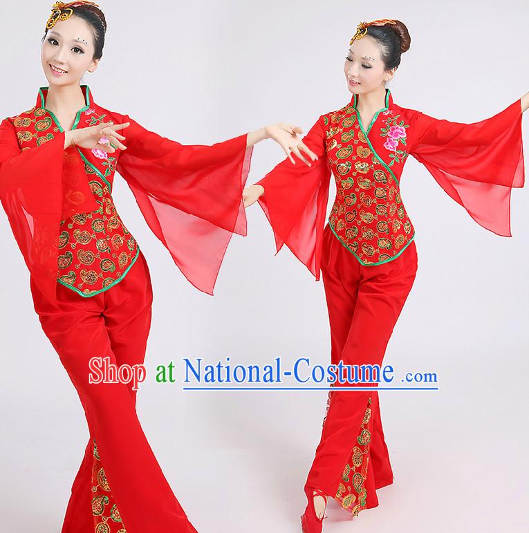 Chinese Red Folk Dance Costumes Group Dancing Costume Dancewear China Dress Dance Wear and Head Pieces Complete Set