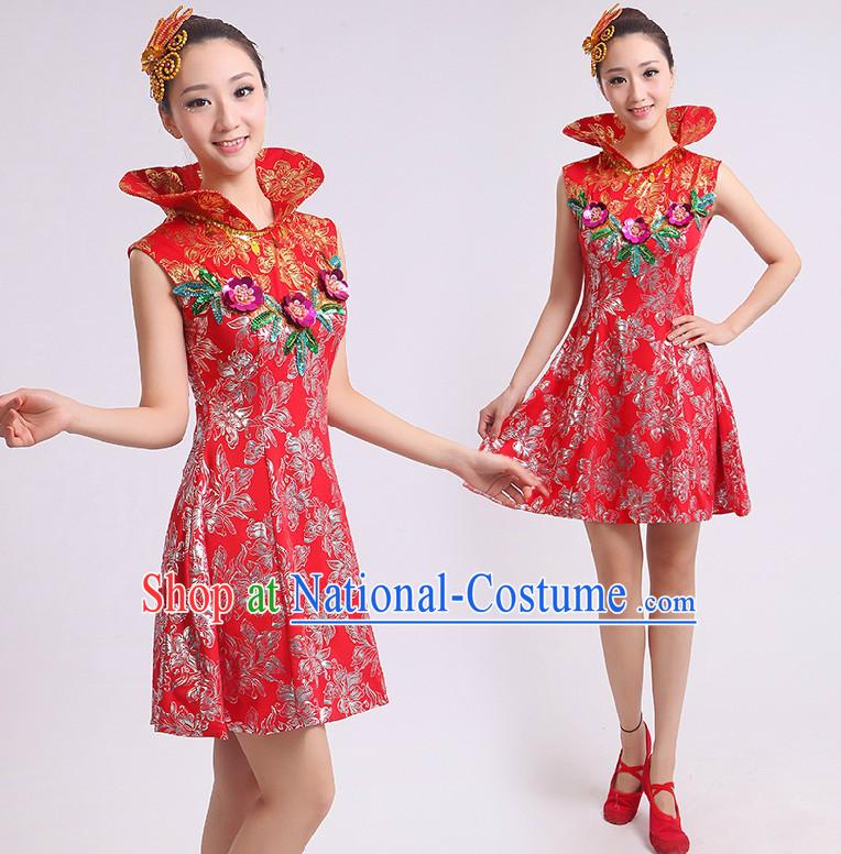 High Collar Chinese Stage Performance Dance Costumes Group Dancing Costume Dancewear China Dress Dance Wear and Head Pieces Complete Set