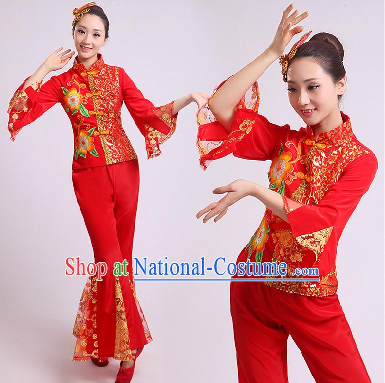 Chinese Fan Dance Costumes Group Dancing Costume Dancewear China Dress Dance Wear and Head Pieces Complete Set