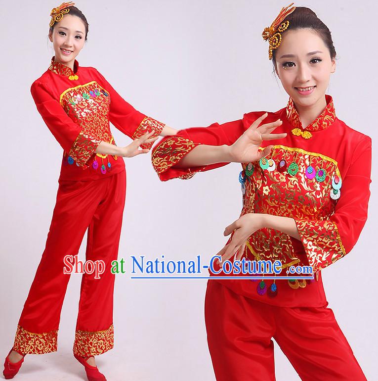 Chinese Stage Performance Dance Costumes Group Dancing Costume Dancewear China Dress Dance Wear and Head Pieces Complete Set