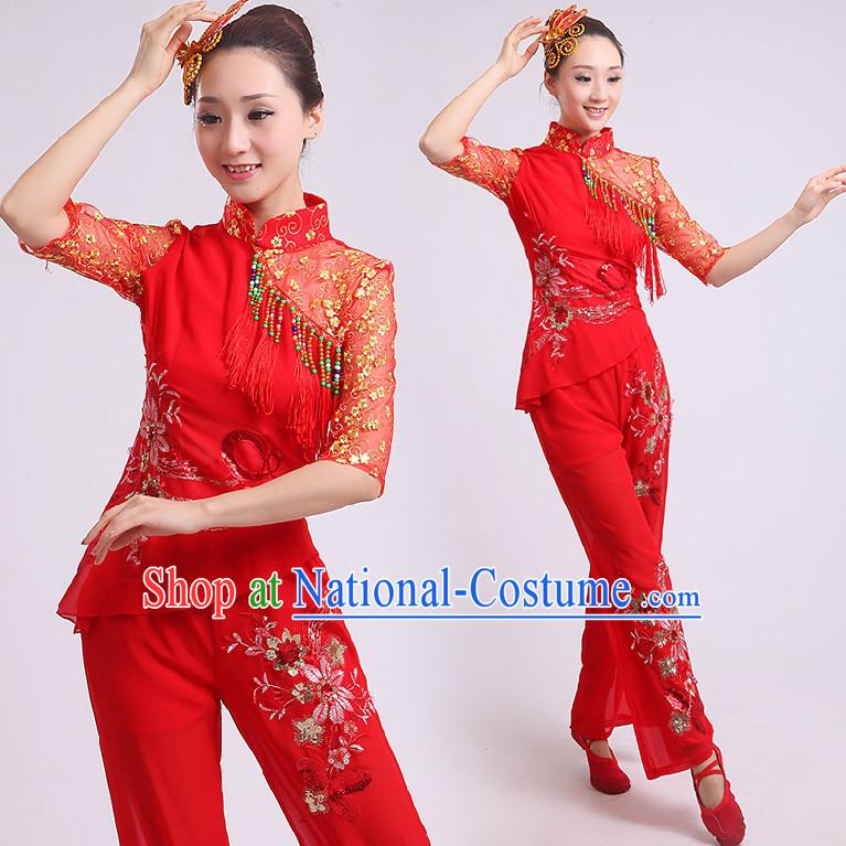 Chinese Fan Dance Costumes Team Dancing Costume Dancewear China Dress Dance Wear and Head Pieces Complete Set