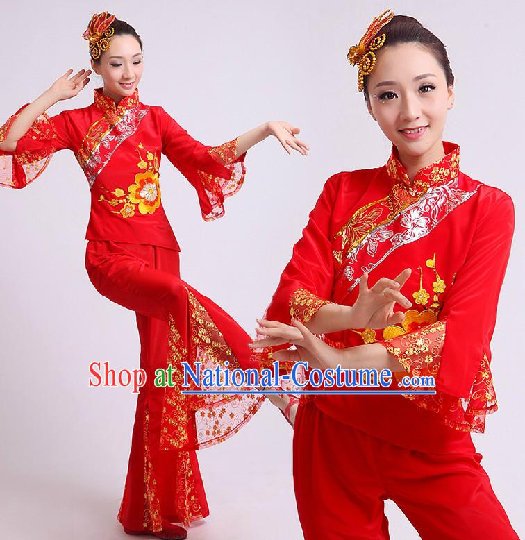 Chinese Fan Dance Costumes Team Dancing Costume Dancewear China Dress Dance Wear and Head Pieces Complete Set