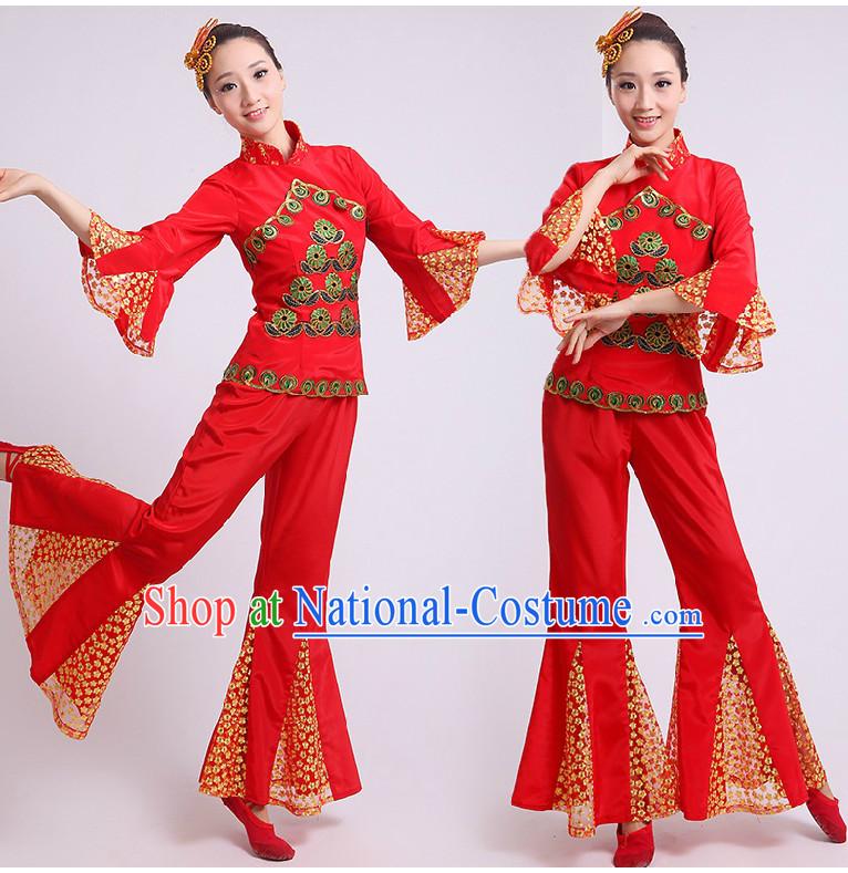 Chinese Fan Dance Costumes Team Dancing Costume Dancewear China Dress Dance Wear and Headwear Complete Set