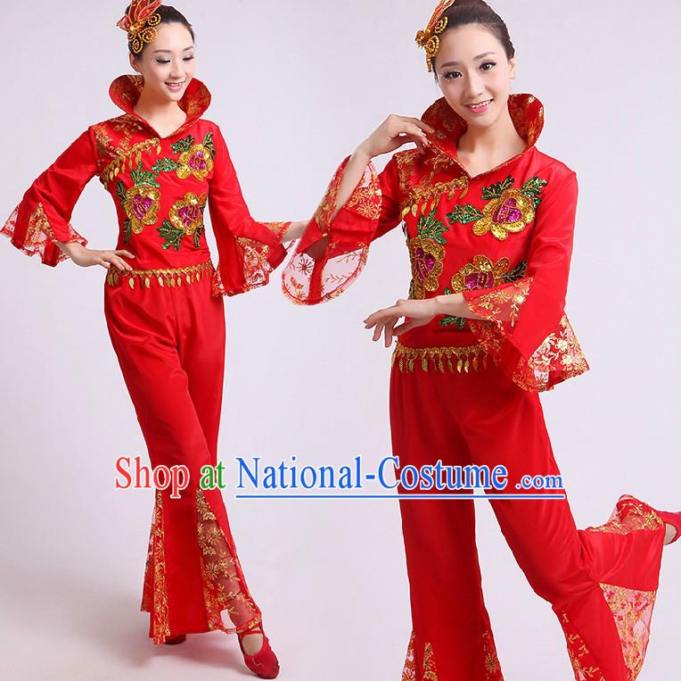 Chinese Fan Dance Costumes Team Dancing Costume Dancewear China Dress Dance Wear and Headwear Complete Set