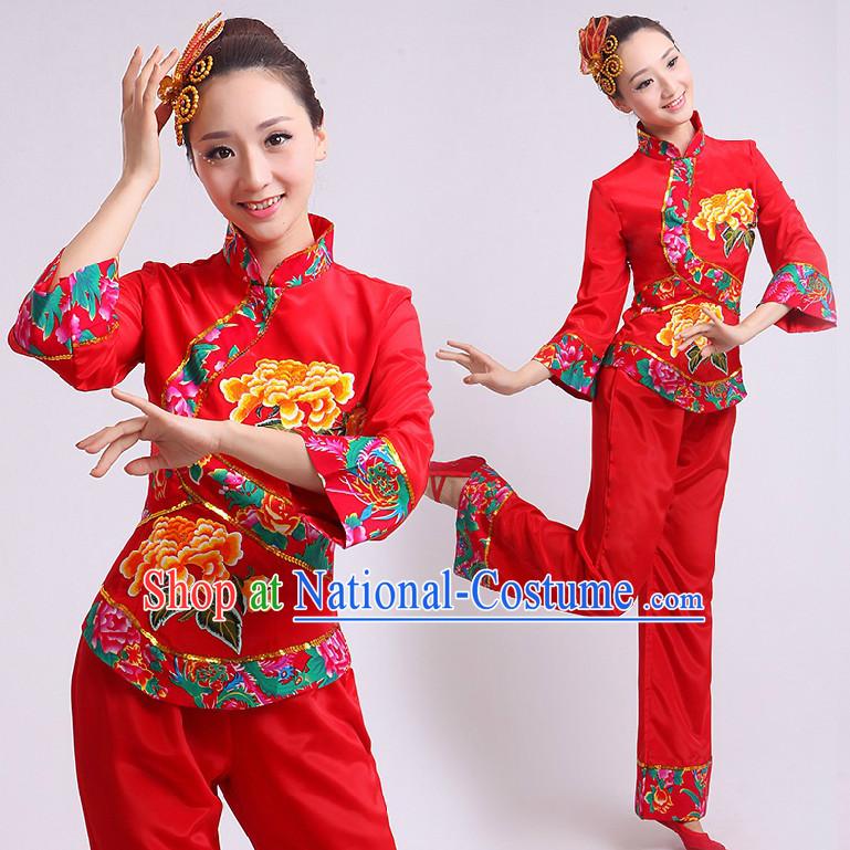 Chinese Fan Dance Costumes Team Dancing Costume Dancewear China Dress Dance Wear and Headwear Complete Set