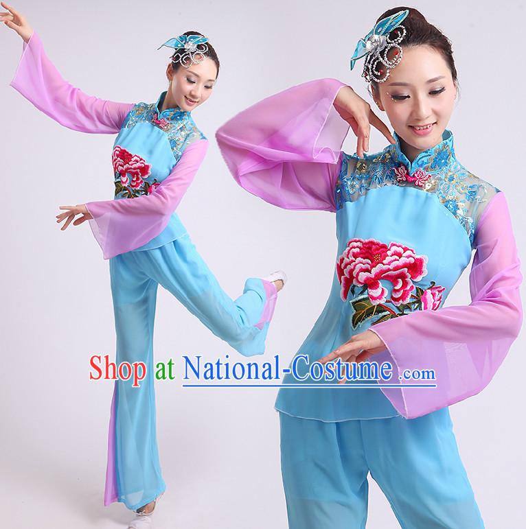 Chinese Fan Dance Costumes Ribbon Dancing Costume Dancewear China Dress Dance Wear and Headwear Complete Set