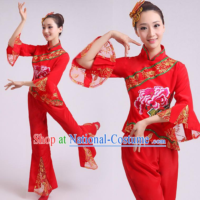 Chinese Fan Dance Costumes Team Dancing Costume Dancewear China Dress Dance Wear and Headwear Complete Set