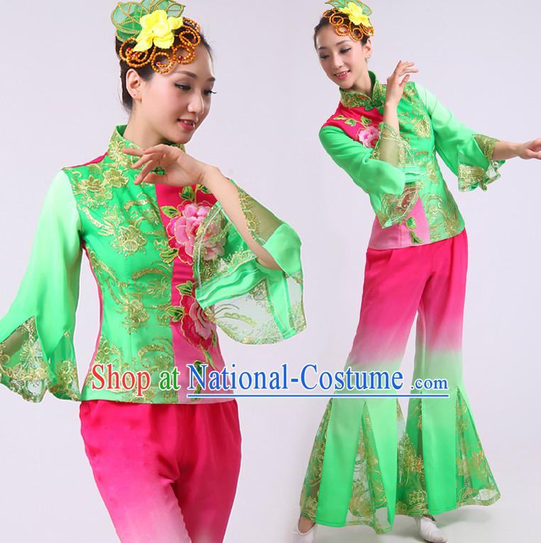 Chinese Fan Dance Costumes Ribbon Dancing Costume Dancewear China Dress Dance Wear and Headwear Complete Set