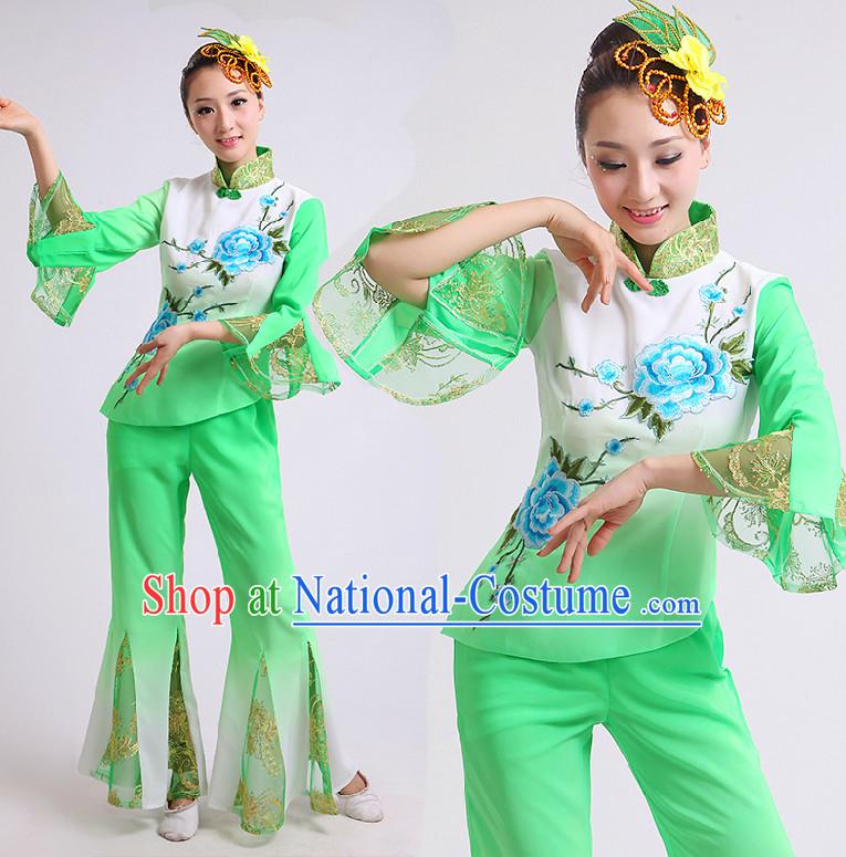 Chinese Fan Dance Costumes Ribbon Dancing Costume Dancewear China Dress Dance Wear and Hair Accessories Complete Set