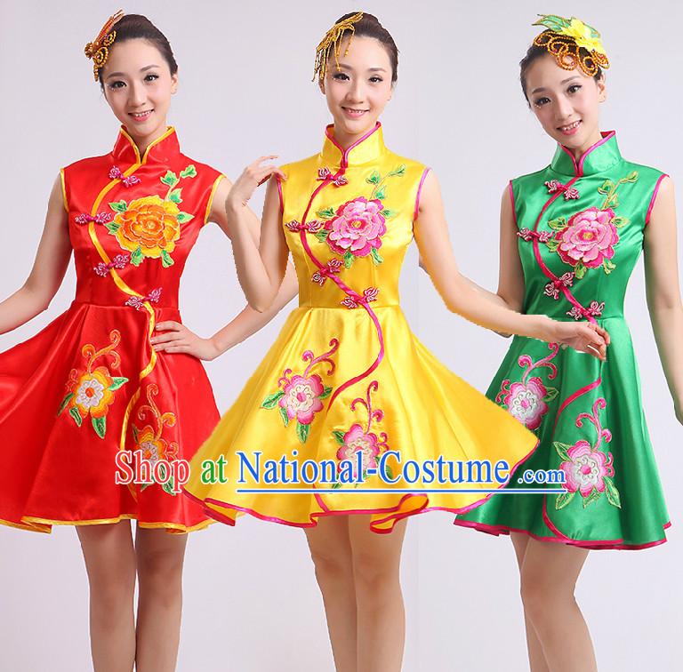 Chinese Fan Dance Costumes Ribbon Dancing Costume Dancewear China Dress Dance Wear and Hair Accessories Complete Set