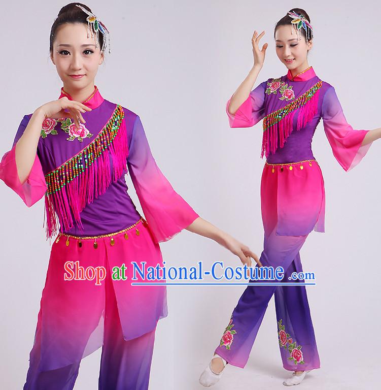 Chinese Fan Dance Costumes Ribbon Dancing Costume Dancewear China Dress Dance Wear and Hair Accessories Complete Set