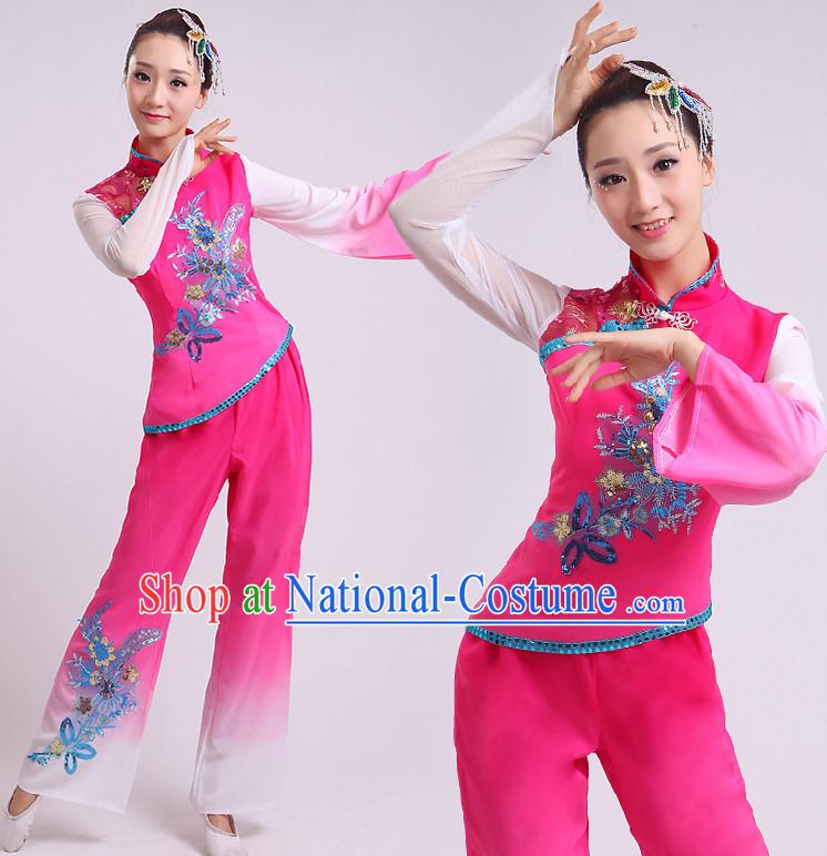 Chinese Fan Dance Costumes Ribbon Dancing Costume Dancewear China Dress Dance Wear and Hair Accessories Complete Set