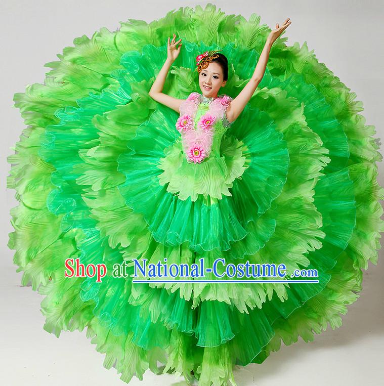 Chinese Stage Dance Costumes Ribbon Dancing Costume Dancewear China Dress Dance Wear and Hair Accessories Complete Set