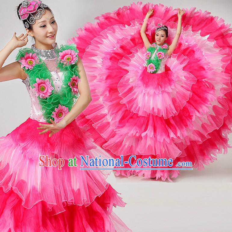 Chinese Stage Dance Costumes Ribbon Dancing Costume Dancewear China Dress Dance Wear and Hair Accessories Complete Set