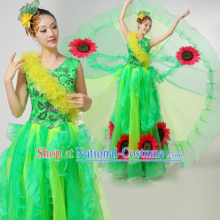 Chinese Festival Celebration Dance Costumes Ribbon Dancing Costume Dancewear China Dress Dance Wear and Hair Accessories Complete Set