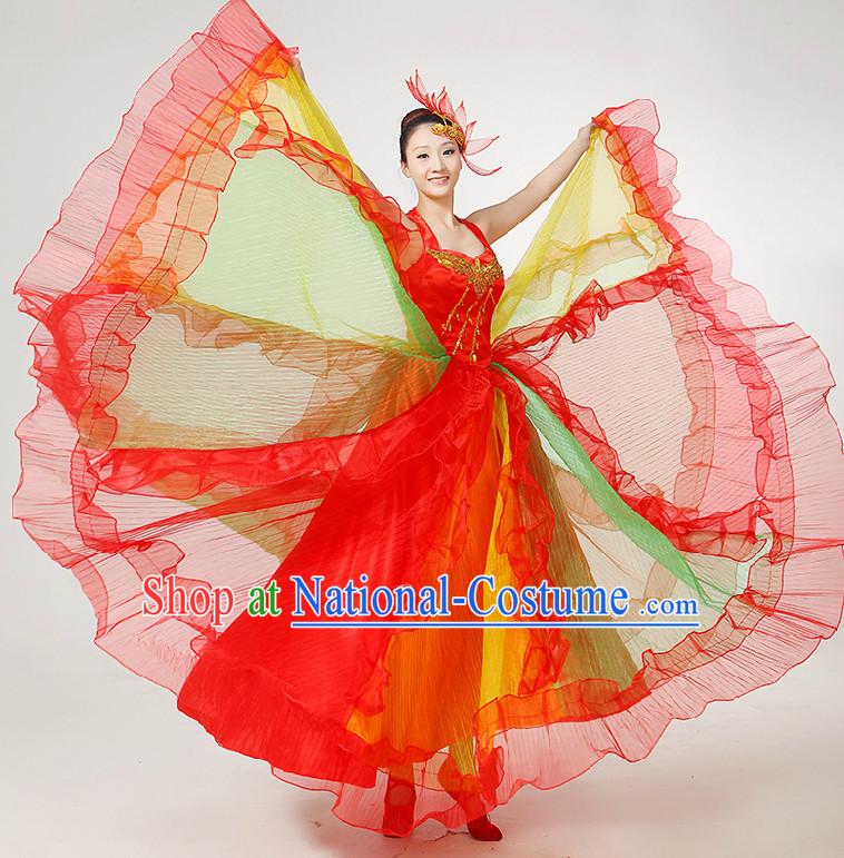 Chinese Festival Dance Costumes Ribbon Dancing Costume Dancewear China Dress Dance Wear and Hair Accessories Complete Set