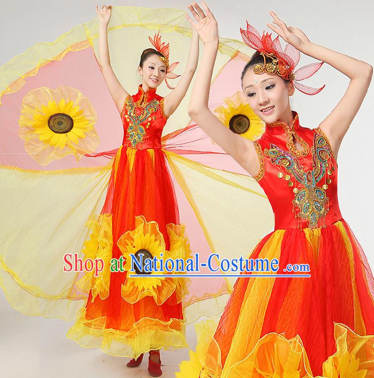 Chinese Festival Dance Costumes Ribbon Dancing Costume Dancewear China Dress Dance Wear and Hair Accessories Complete Set