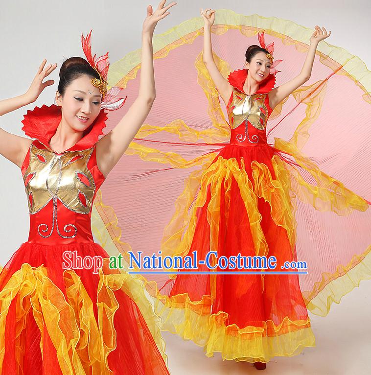 Chinese Festival Dance Costumes Ribbon Dancing Costume Dancewear China Dress Dance Wear and Hair Accessories Complete Set