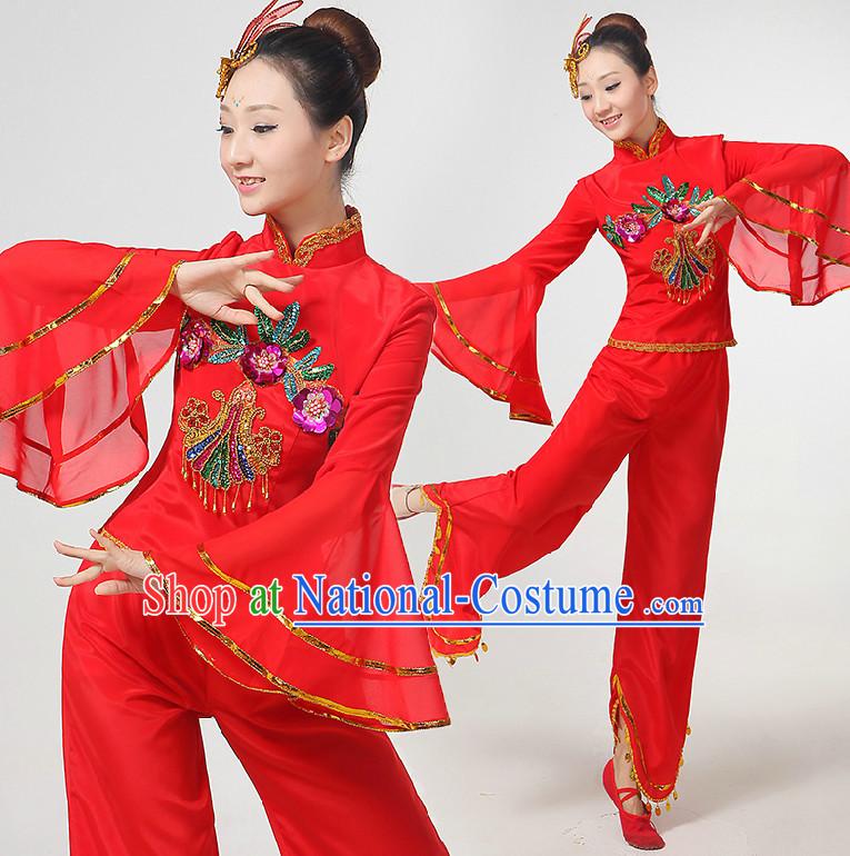 Chinese Festival Dance Costumes Ribbon Dancing Costume Dancewear China Dress Dance Wear and Hair Accessories Complete Set