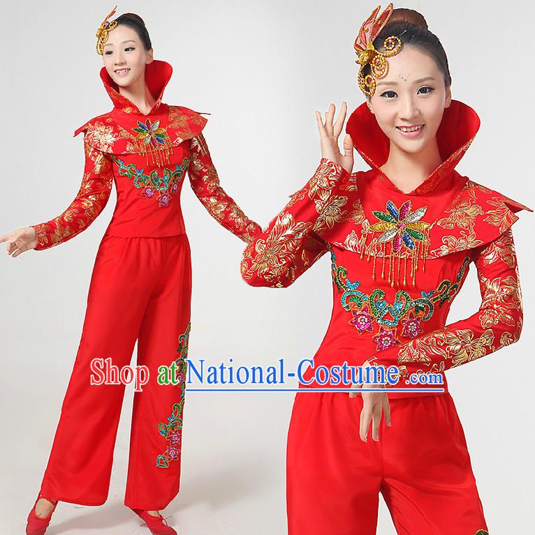 High Collar Chinese Festival Dance Costumes Ribbon Dancing Costume Dancewear China Dress Dance Wear and Hair Accessories Complete Set