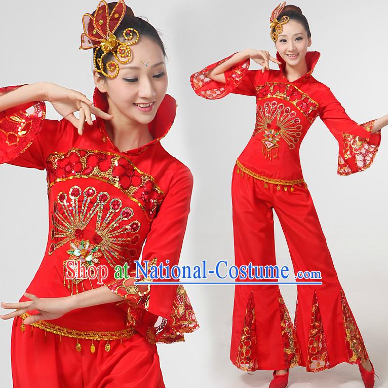 Chinese Festival Dance Costumes Ribbon Dancing Costume Dancewear China Dress Dance Wear and Hair Accessories Complete Set