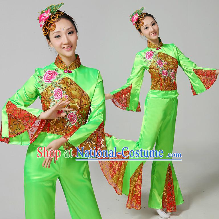 Chinese Fan Dance Costumes Ribbon Dancing Costume Dancewear China Dress Dance Wear and Hair Accessories Complete Set