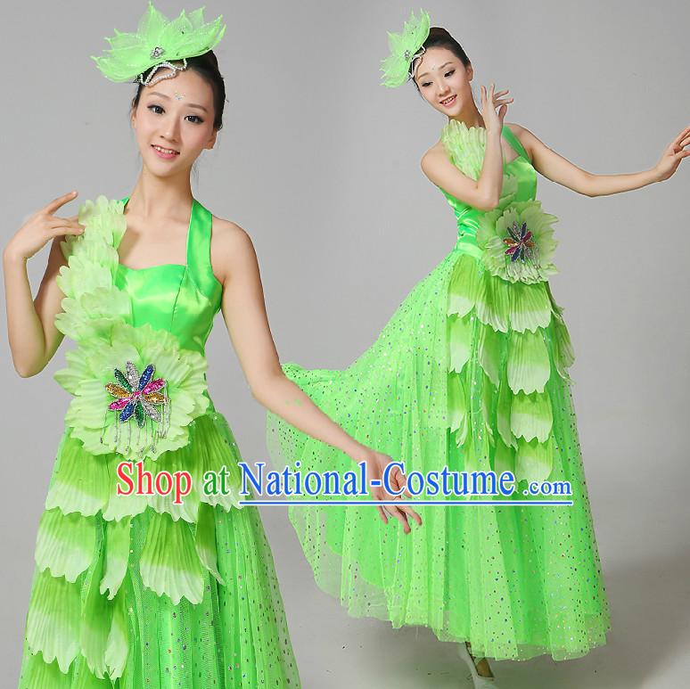 Chinese Flower Dance Costumes Ribbon Dancing Costume Dancewear China Dress Dance Wear and Hair Accessories Complete Set