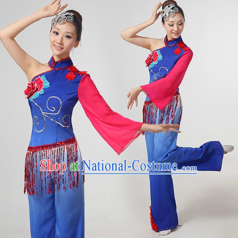 Chinese Yangge Dance Costumes Ribbon Dancing Costume Dancewear China Dress Dance Wear and Hair Accessories Complete Set