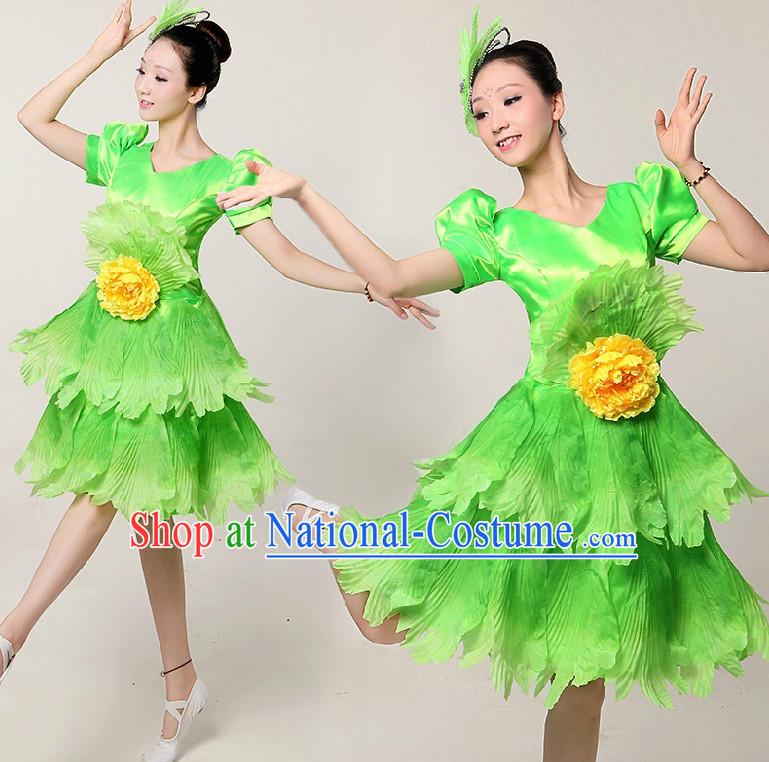 Chinese Stage Dance Costumes Ribbon Dancing Costume Dancewear China Dress Dance Wear and Hair Accessories Complete Set