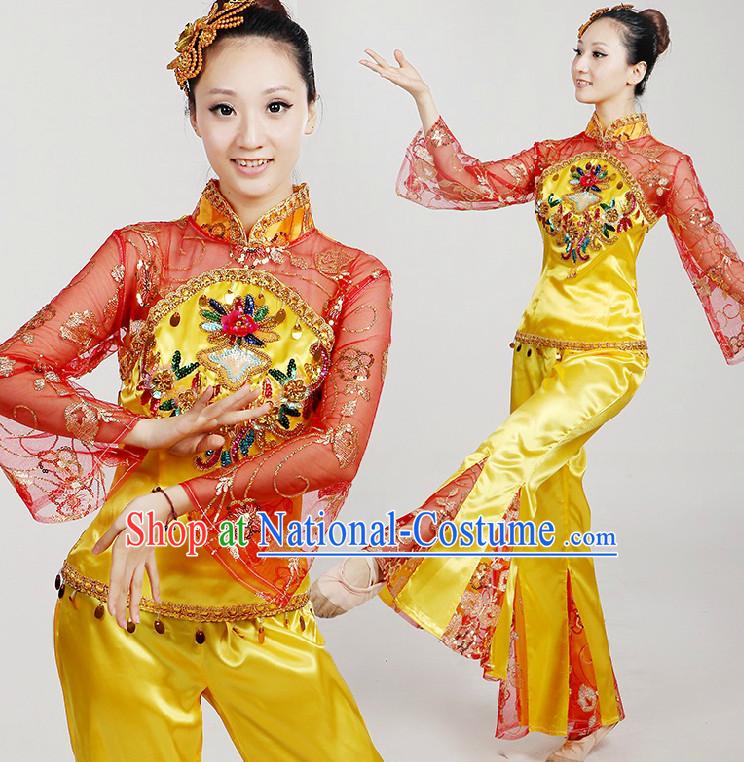 Chinese Dance Costumes Ribbon Dancing Costume Dancewear China Dress Dance Wear and Hair Accessories Complete Set