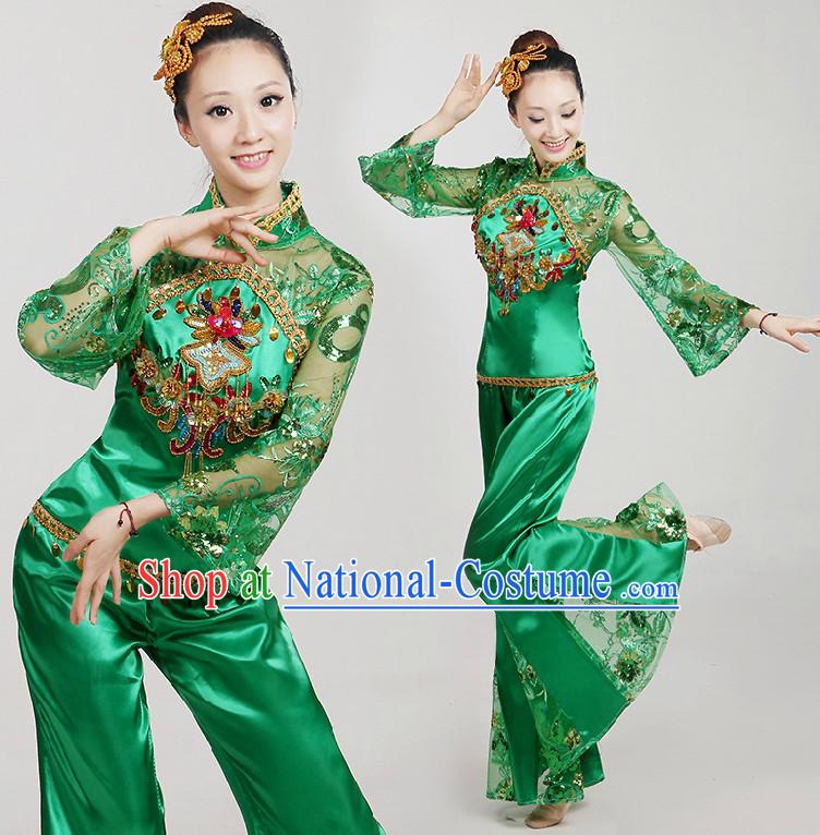 Chinese Dance Costumes Ribbon Dancing Costume Dancewear China Dress Dance Wear and Hair Accessories Complete Set