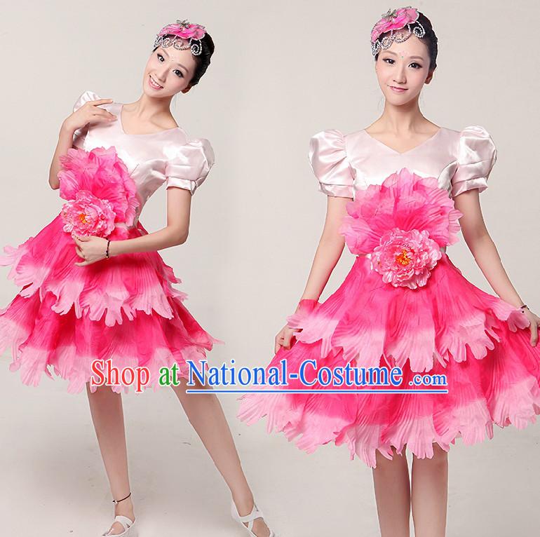 Chinese Stage Dance Costumes Ribbon Dancing Costume Dancewear China Dress Dance Wear and Hair Accessories Complete Set