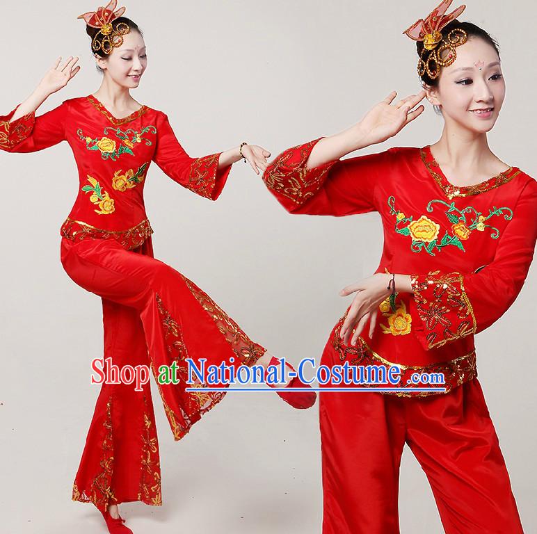 Chinese Dance Costumes Ribbon Dancing Costume Dancewear China Dress Dance Wear and Hair Accessories Complete Set