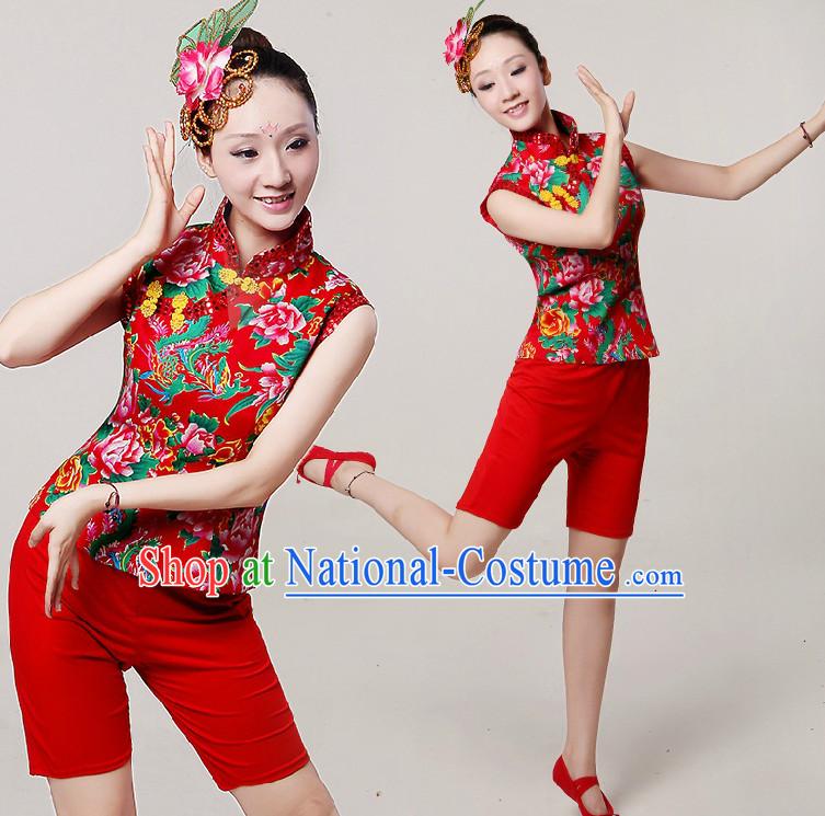 Chinese Dance Costumes Ribbon Dancing Costume Dancewear China Dress Dance Wear and Hair Accessories Complete Set