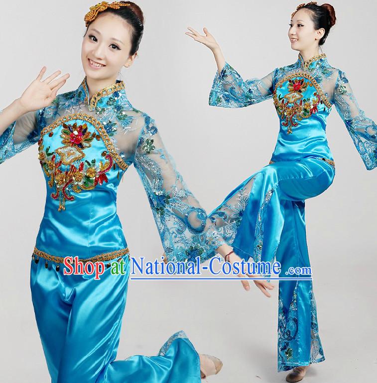 Chinese Dance Costumes Ribbon Dancing Costume Dancewear China Dress Dance Wear and Hair Accessories Complete Set