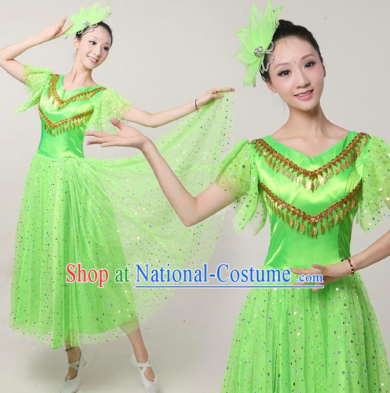 Asian Dance Costumes Ribbon Dancing Costume Dancewear China Dress Dance Wear and Hair Accessories Complete Set