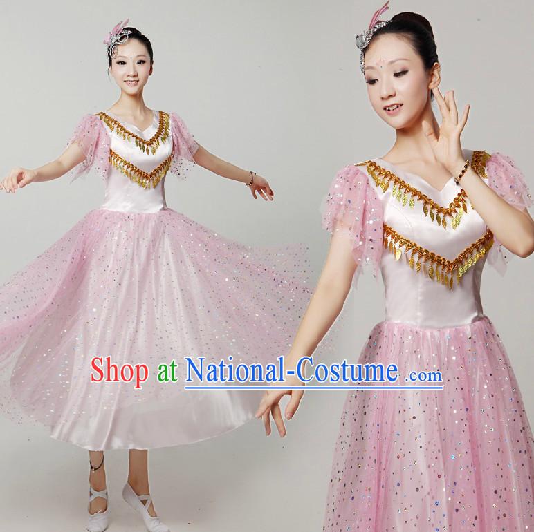 Asian Dance Costumes Ribbon Dancing Costume Dancewear China Dress Dance Wear and Headwear Complete Set