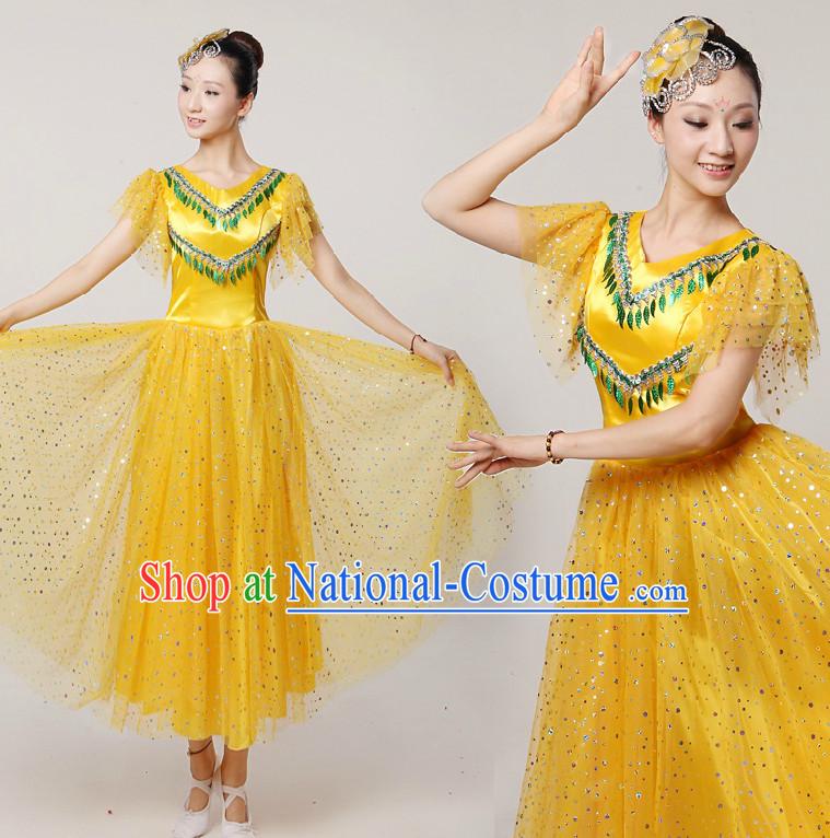 Asian Dance Costumes Ribbon Dancing Costume Dancewear China Dress Dance Wear and Headwear Complete Set