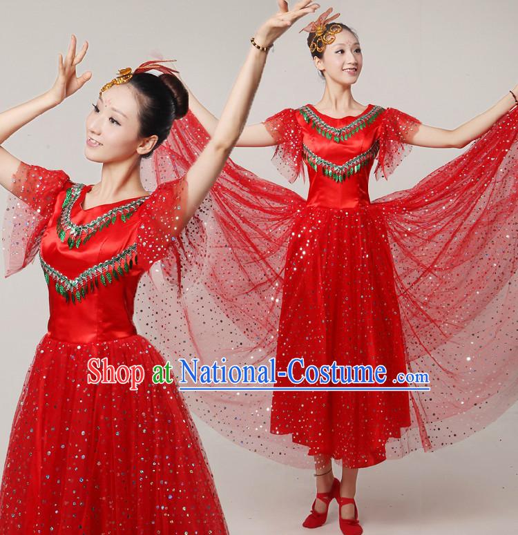 Asian Dance Costumes Ribbon Dancing Costume Dancewear China Dress Dance Wear and Headwear Complete Set